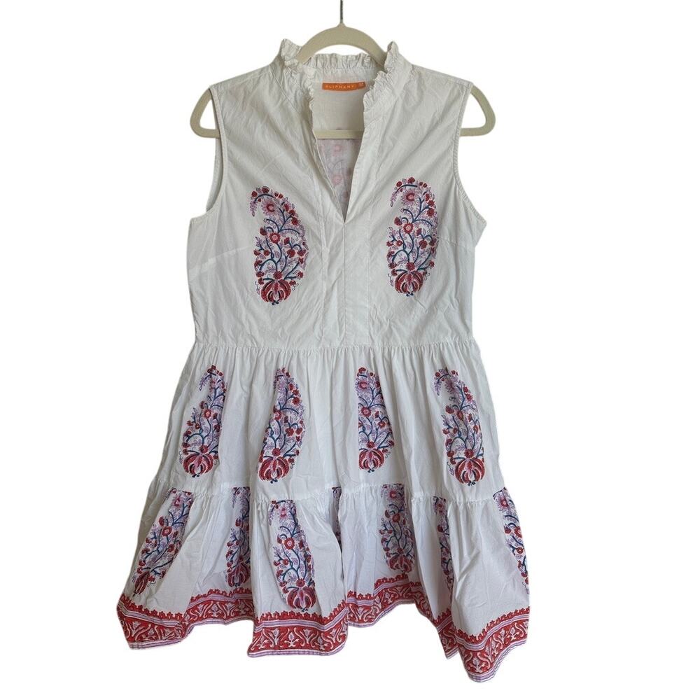 Oliphant Women Cotton Verna Red Yoke Paisley Tiered Sleeveless Mini Dress Medium